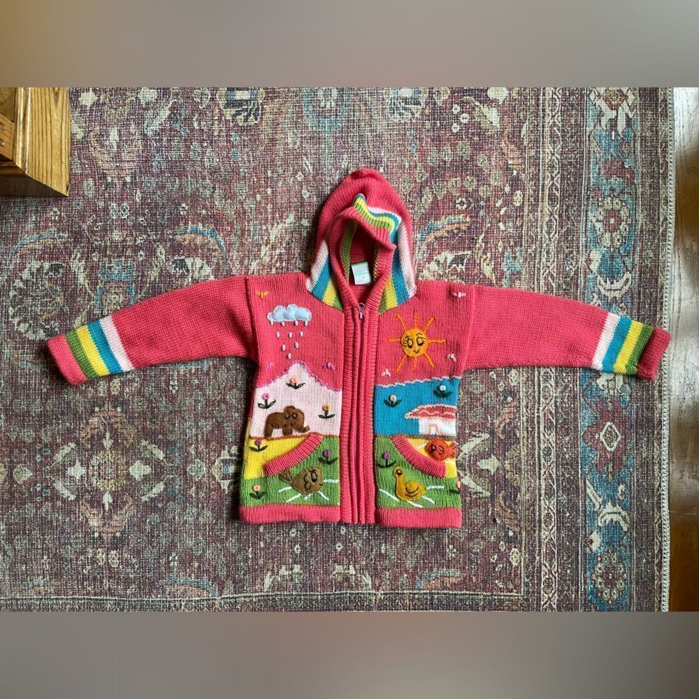 Colorful Pink Knit with embroidered details Kids Zippered Hooded Sweater